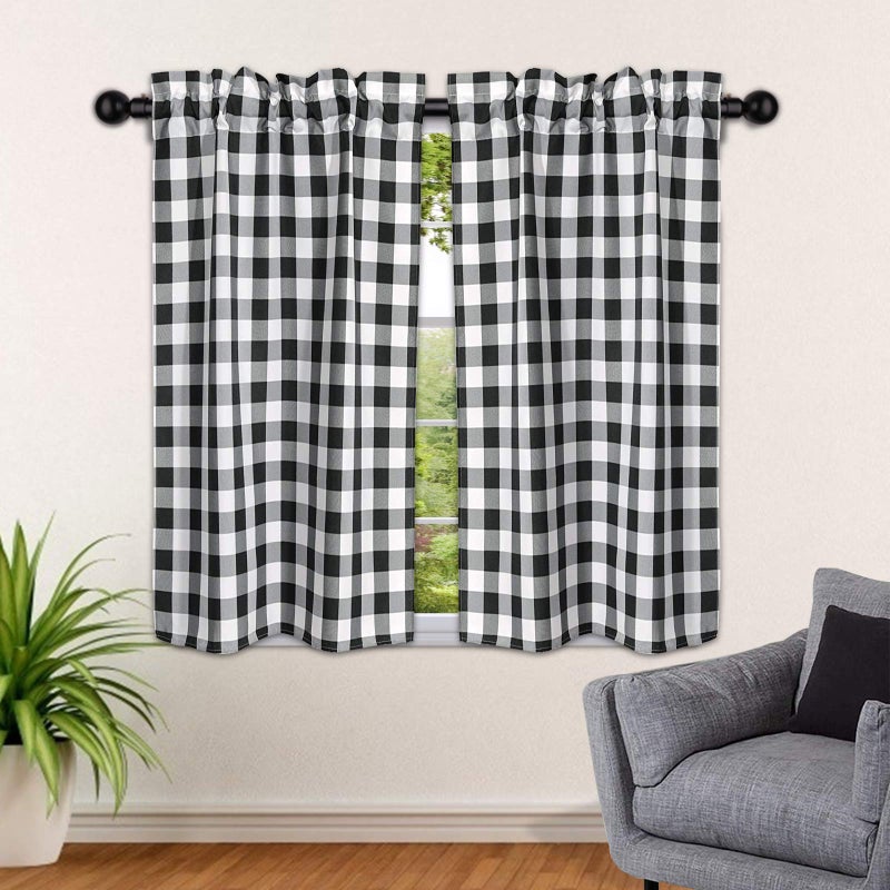 SEEYE Farmhouse Kitchen Curtains Buffalo Plaid - Tiers Curtains for Windows Light Filtering Rod Pocket Thermal Insulated or Home Bedroom Cafe Decor Window Treatments, 27â€ W x 36â€ H-2 Pcs, Black - Image 1